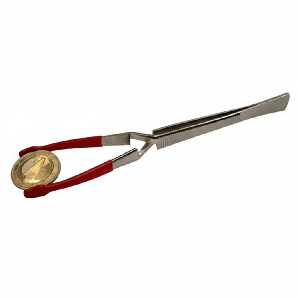 Spring-loaded nickel plated coin tongs with red rubber tips, holding a gold coin, on a white background