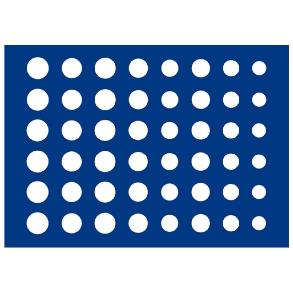 Blue rectangle with white circles illustrated representing the coin tray layout on a white background