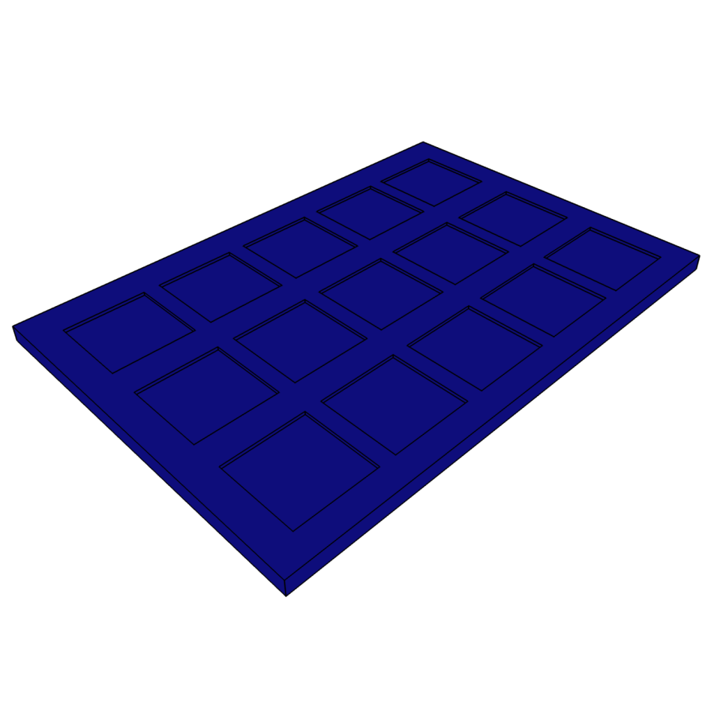 Blue 3D model of the coin tray on a white background
