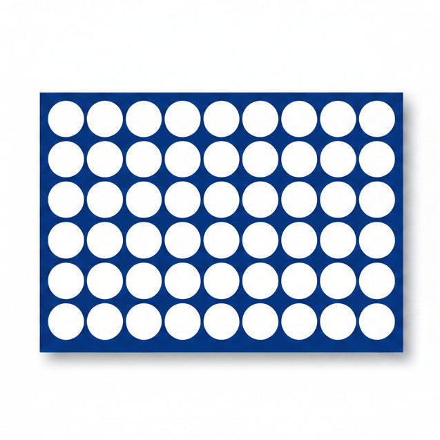Blue rectangle with white circles illustrated representing the coin tray layout on a white background