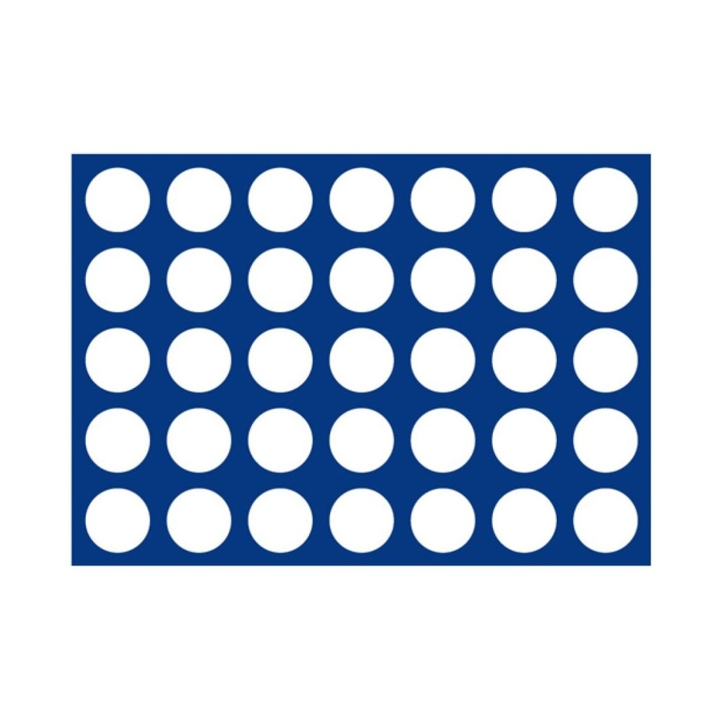 Blue rectangle with white circles illustrated representing the coin tray layout on a white background