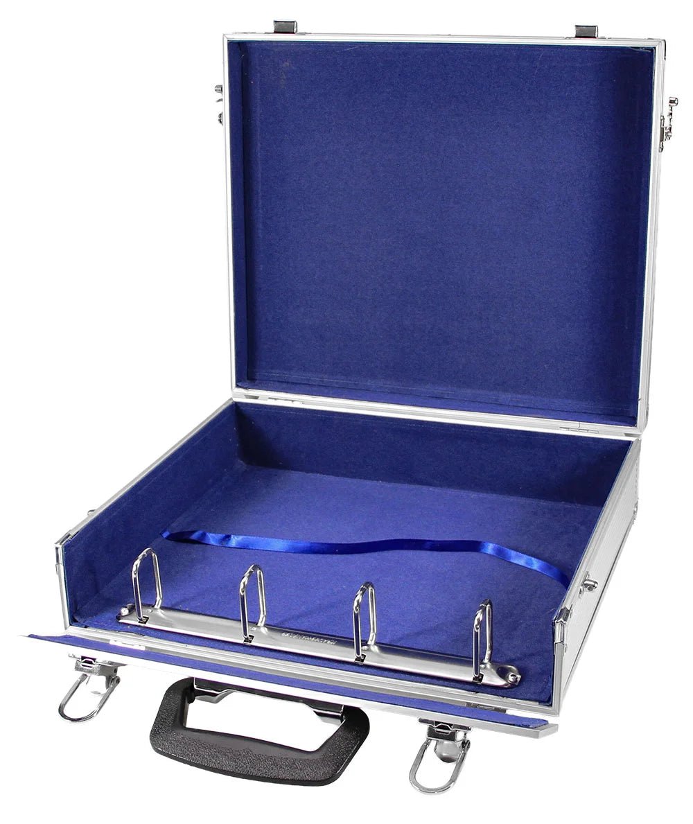 Open metallic briefcase with blue interior and four metal rings on a white background