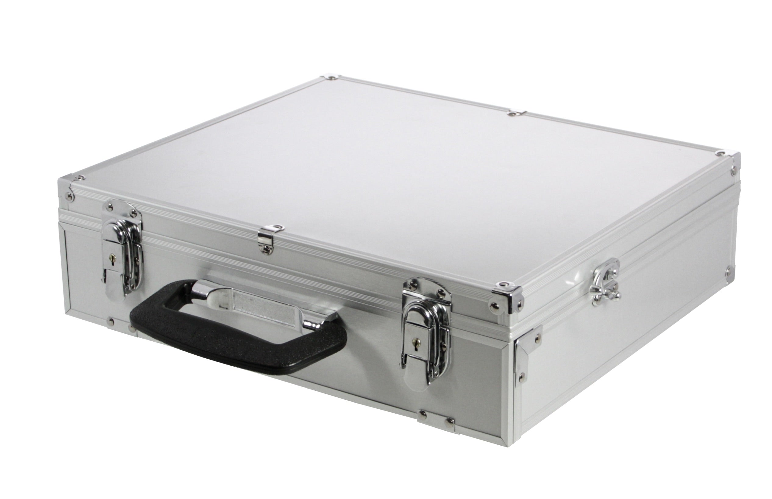 Silver briefcase album with a black handle and silver snaplock closures on a white background