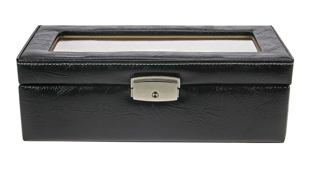 Black watch display box with a transparent lid, showcasing the lockable clasp, on a white background