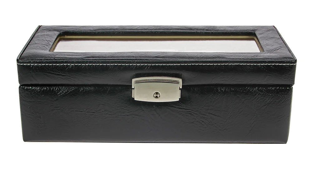 Black watch display box with a transparent lid, showcasing the lockable clasp, on a white background
