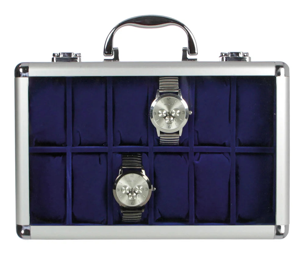 Aluminum display case with carrying handle and the transparent lid closed. Inside are 12 blue velvet compartments holding various watches and jewelry on a white background