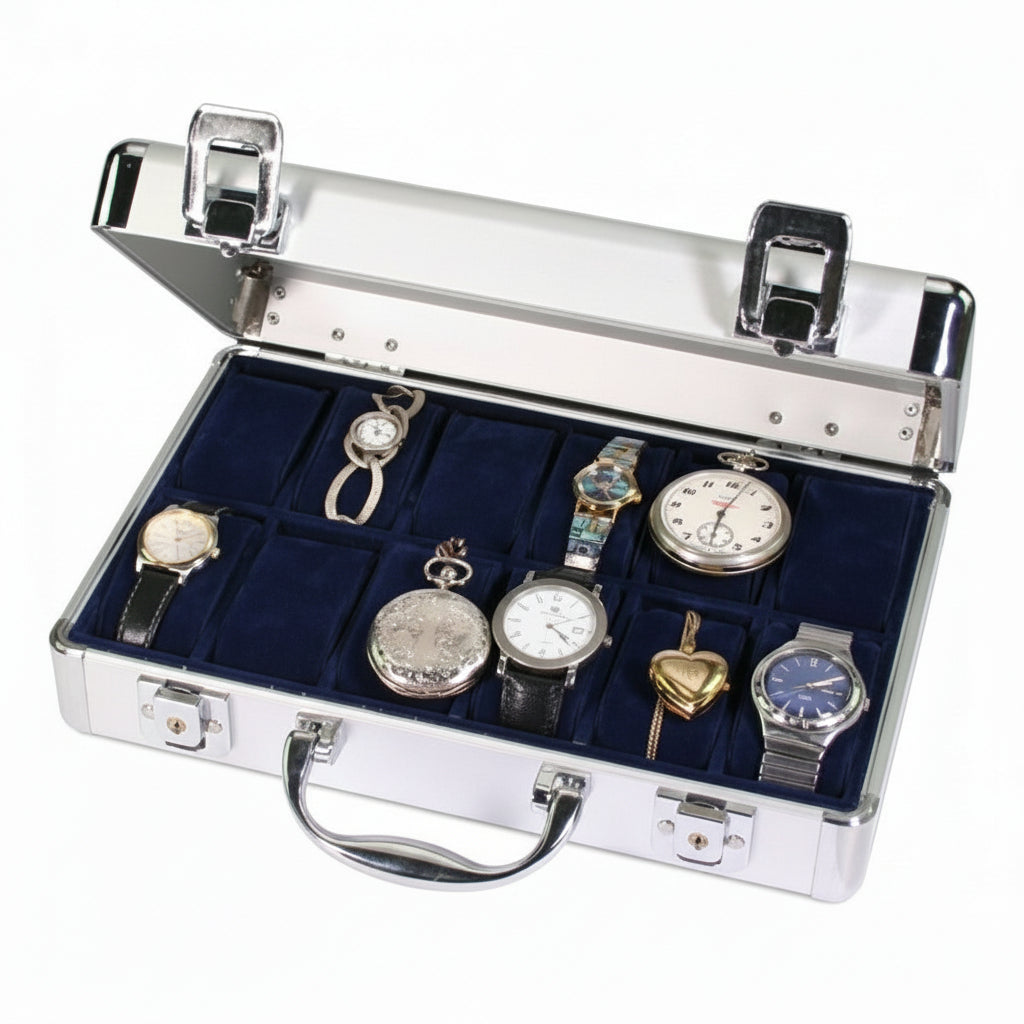 Aluminum display case with carrying handle and the lid ajar exposing the blue velvet compartments holding various watches and jewelry on a white background
