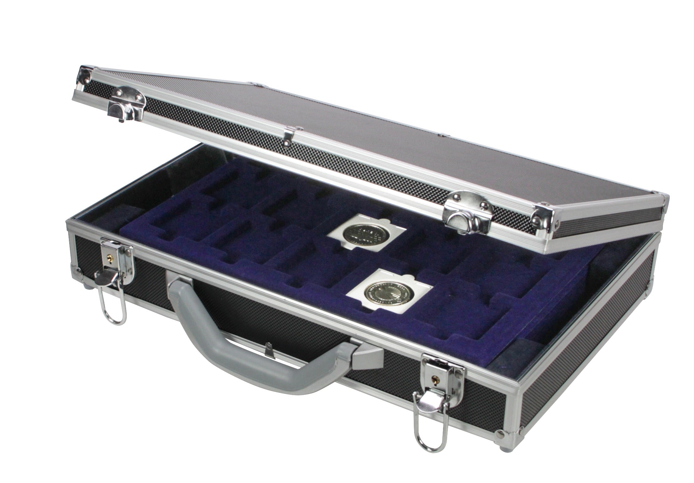 2x2 coin flip collection in a black aluminum coin carrying case with blue velvet coin trays on a white background