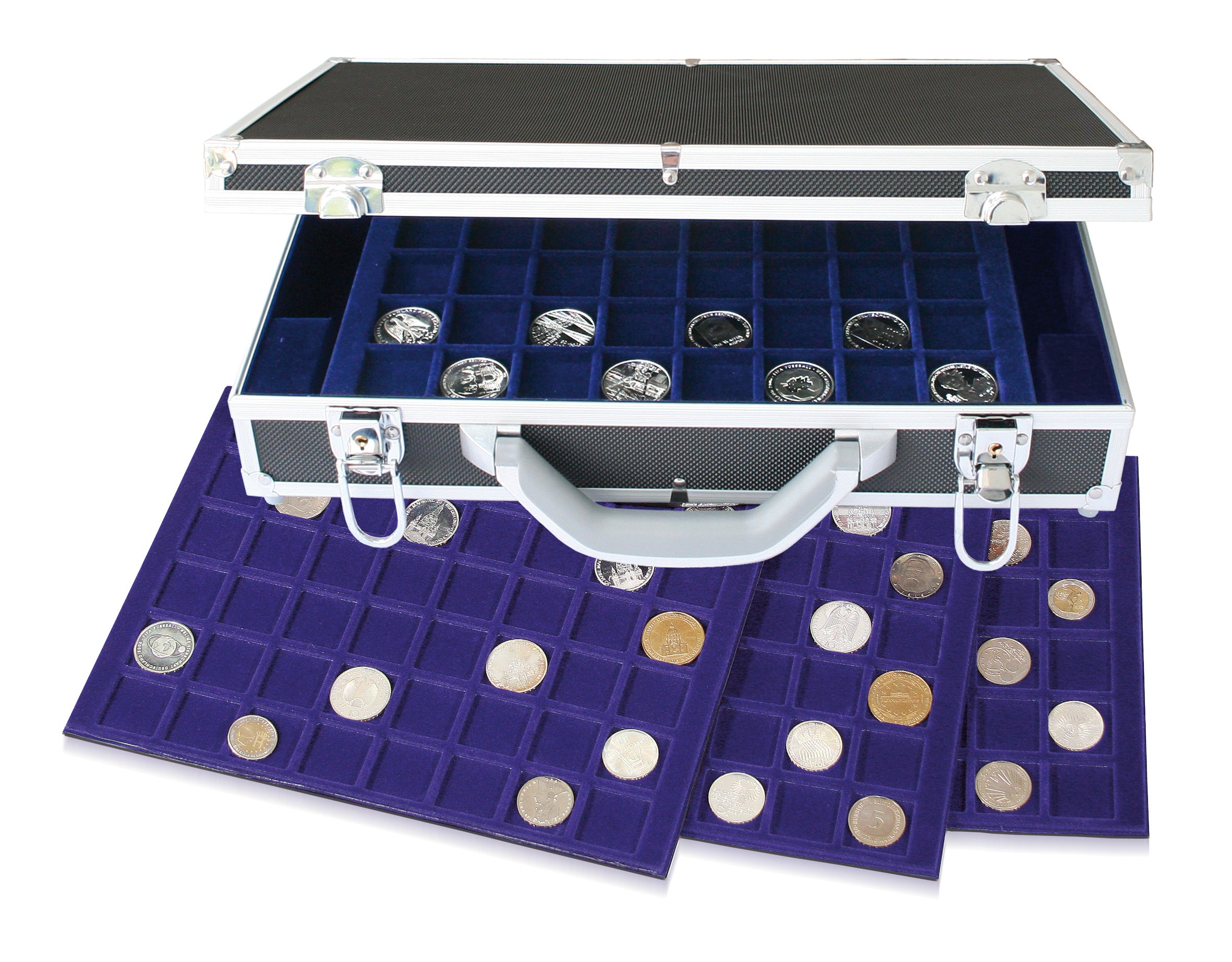 Coin collection in a black aluminum coin carrying case with blue velvet coin trays on a white background
