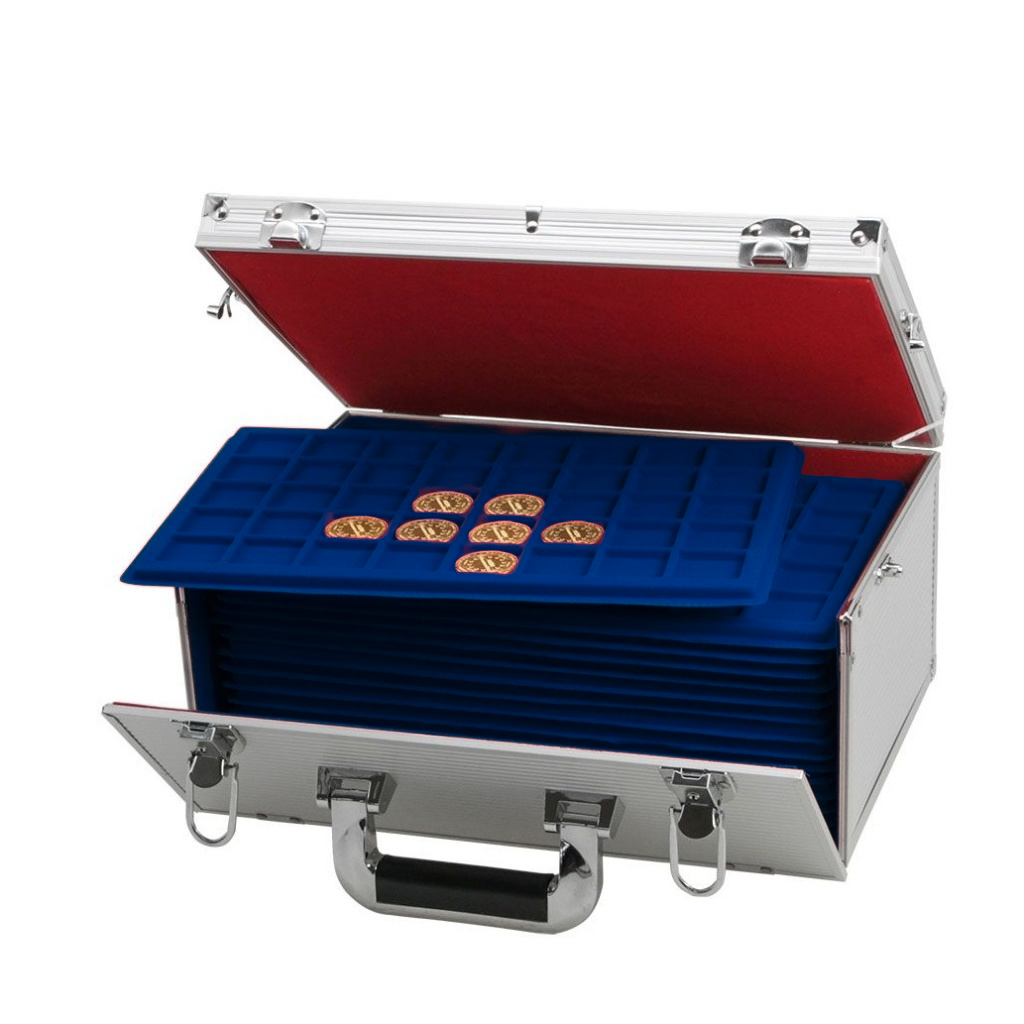 Aluminum coin case with a red interior & blue trays filled with coins in the tray compartments on a white background