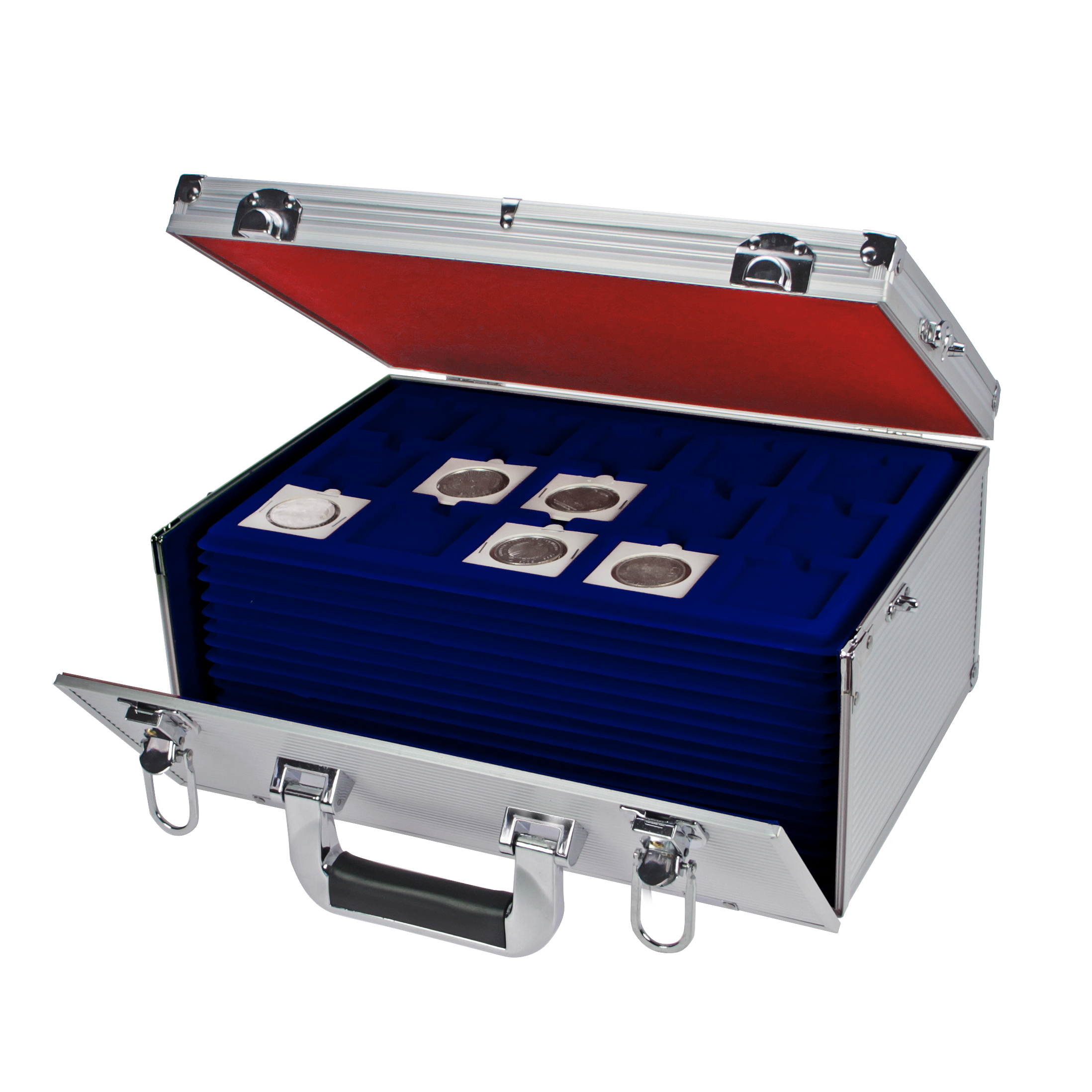 Aluminum coin case with a red interior & blue trays filled with 2x2 coin flips in the tray compartments on a white background