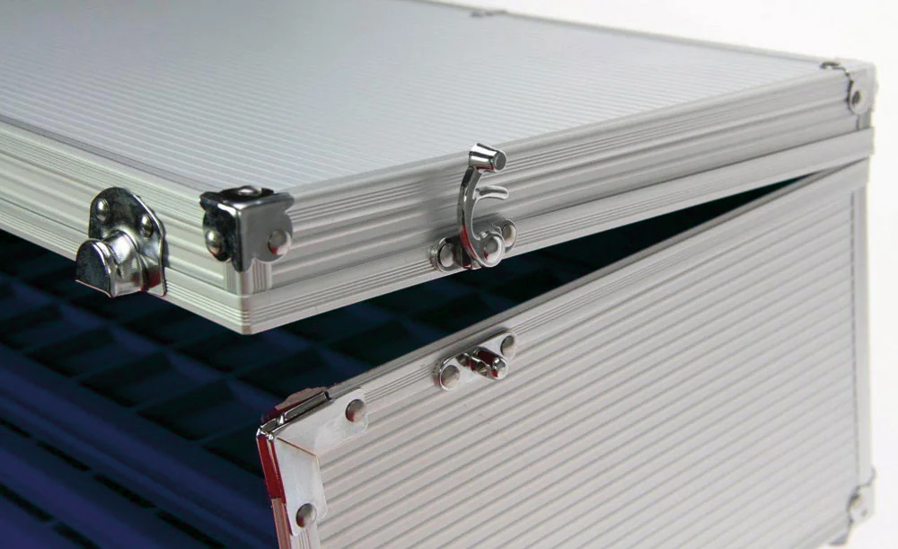 Close up detail shot of the side closure mechanism on the Jumbo Aluminum case