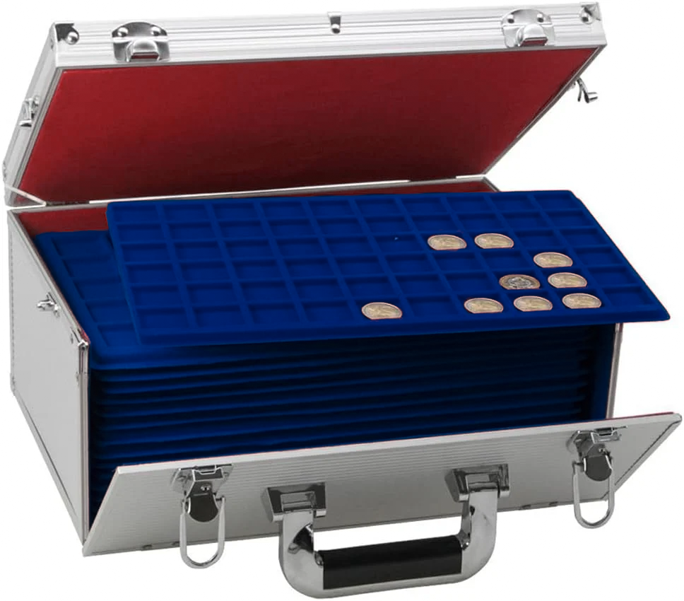 Aluminum coin case with a red interior & blue trays filled with coins in the square compartments on a white background