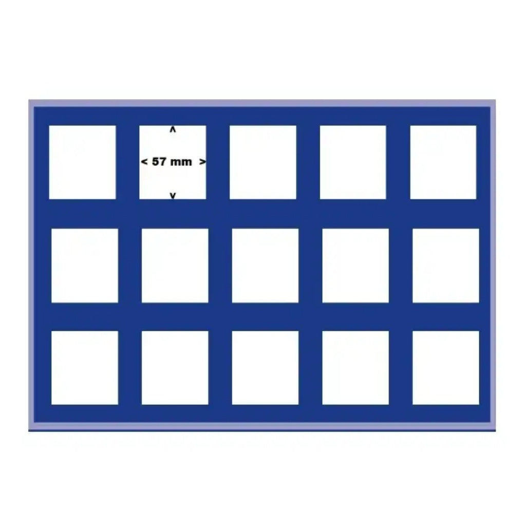 Blue grid pattern illustrated representing the coin tray layout on a white background