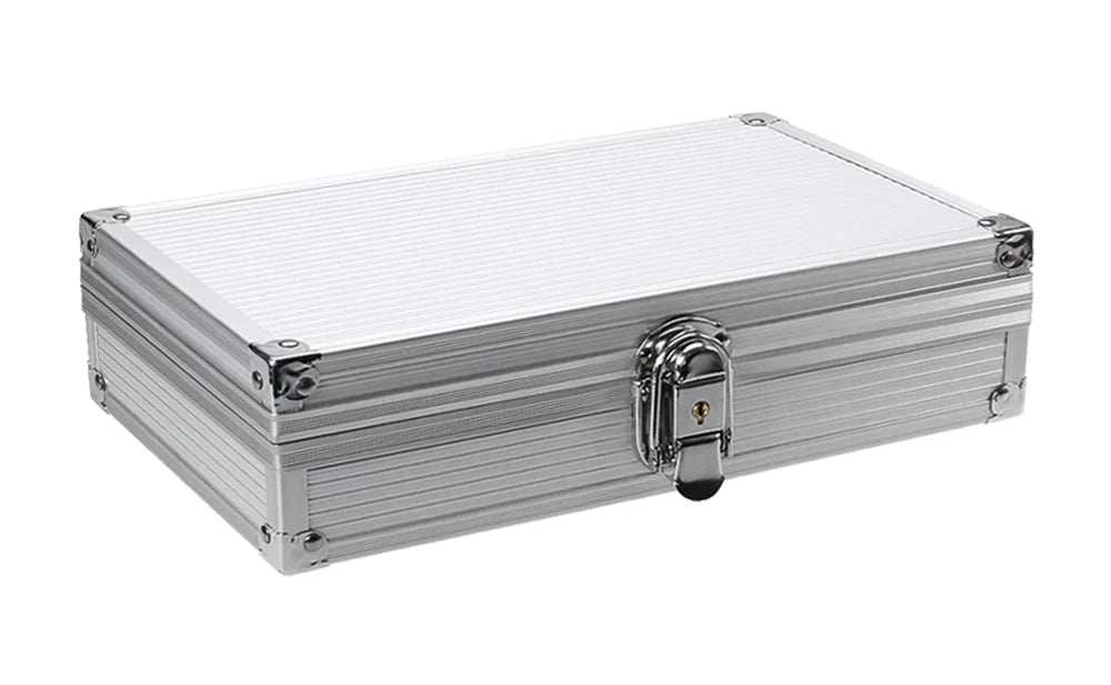 Closed aluminum coin case with latch, locking mechanism, and reinforced corners on a white background.