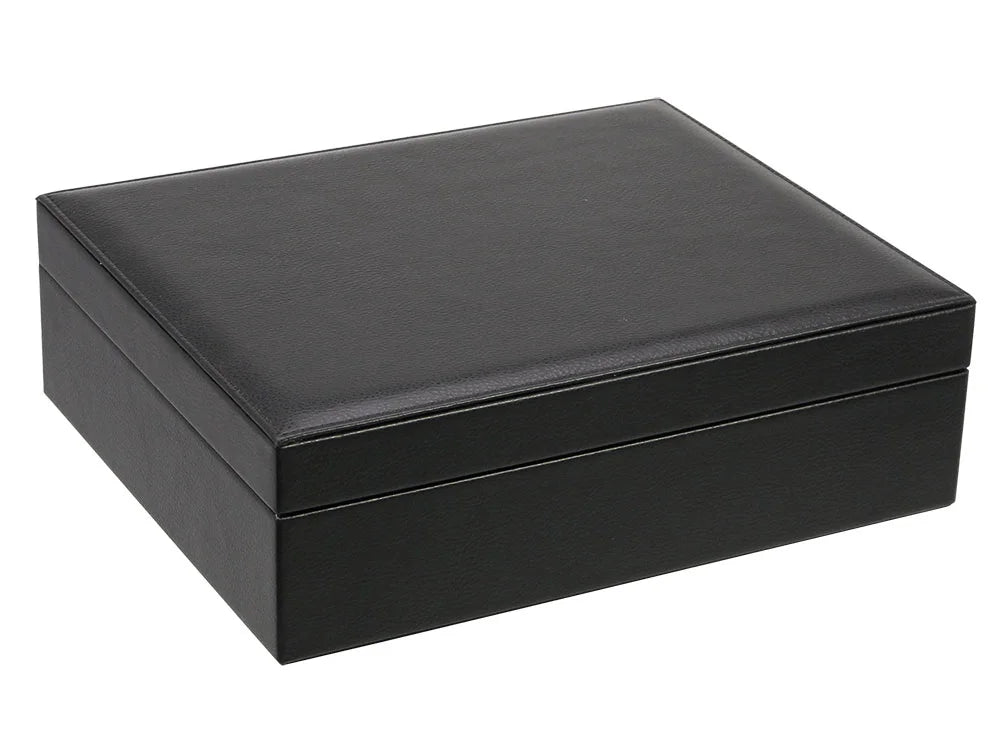 Closed black leather coin collection box on a white background