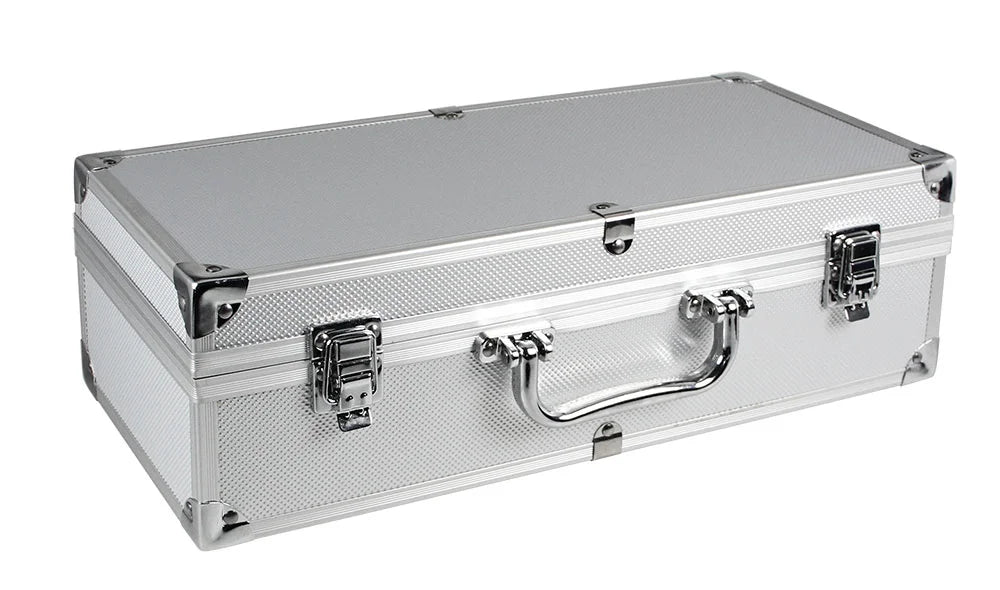 Closed aluminum coin case with carrying handle and latch mechanisms on a white background