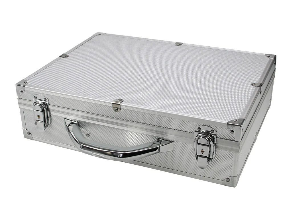 Closed aluminum coin case with carrying handle and latch mechanisms on a white background
