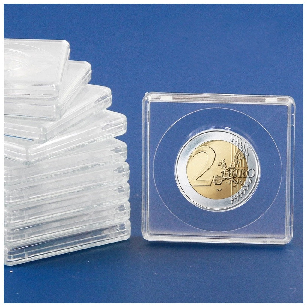 Stack of clear coin 2x2 coin holders and a single coin holder with a gold coin on a blue background