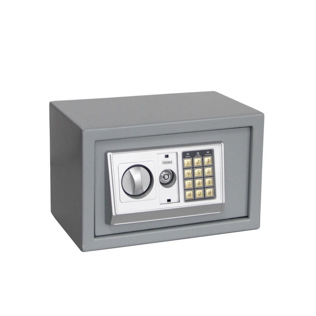 Gray safe box with numeric keypad and manual key lock on a white background