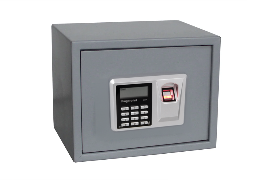 Gray safe with digital numeric keypad and fingerprint scanner on a white background