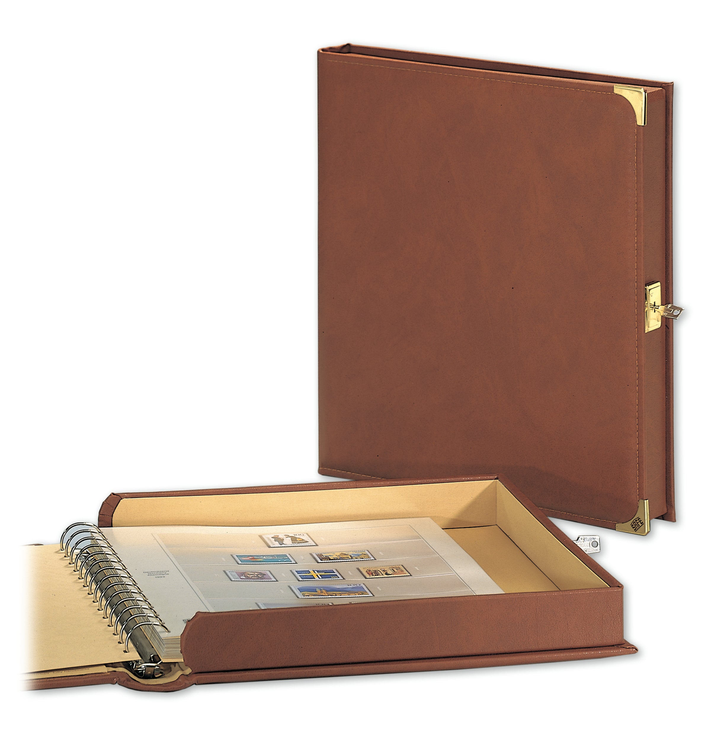 Brown leatherette 14-ring binder with locking mechanism and reinforced metal corners. Binder is open displaying pages with collectible stamps.