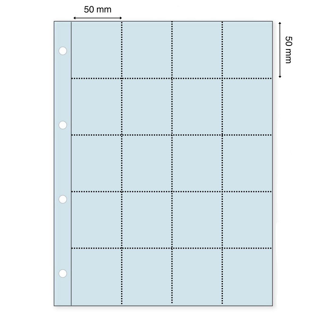 Light blue illustration representing a transparent album page with the pocket dimensions on a white background