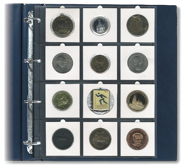 Transparent coin album page with 12 clear pockets holding a collection of large coin flips on a white background