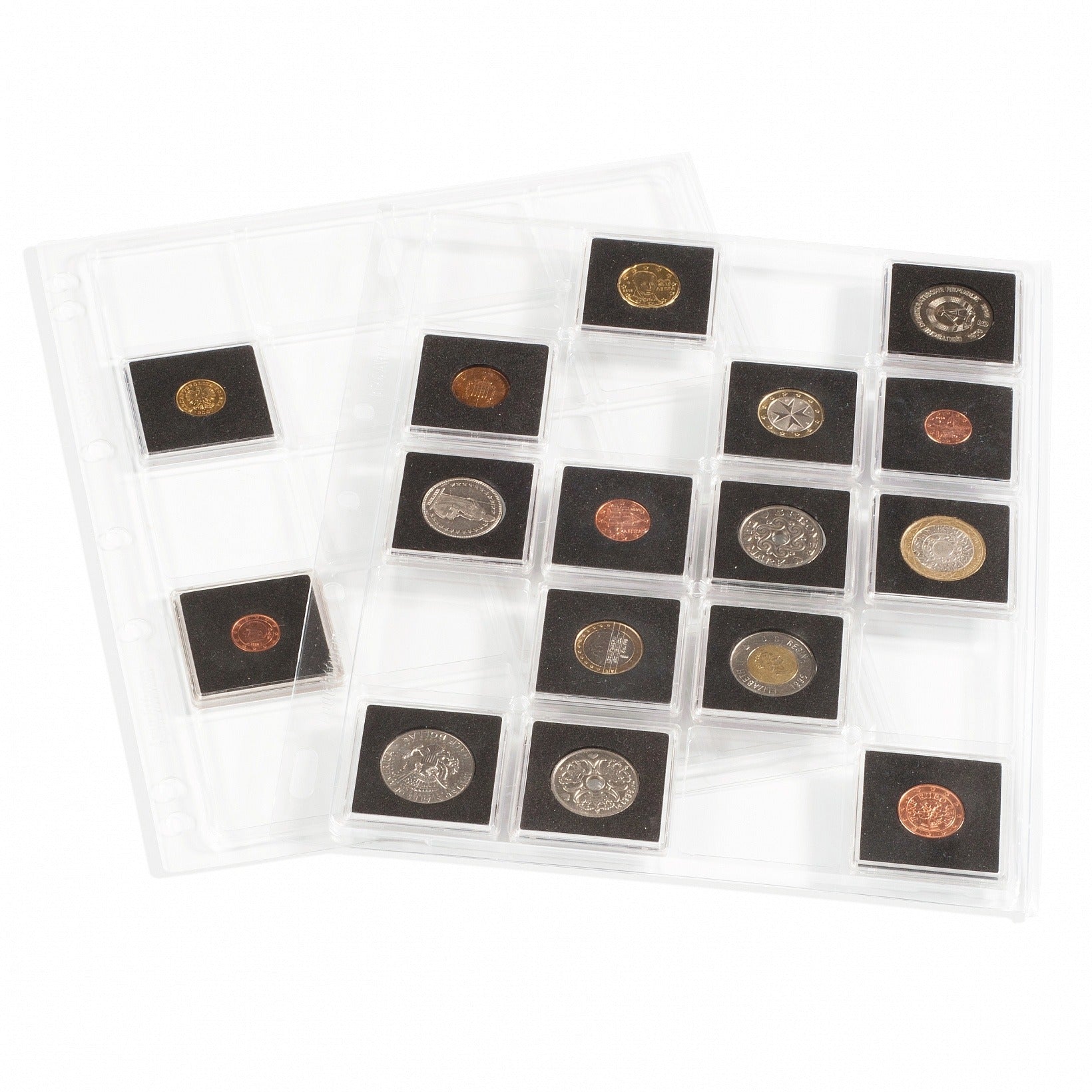 Two transparent coin album pages with 20 clear pockets each holding a collection of 2x2 plastic coin holders on a white background
