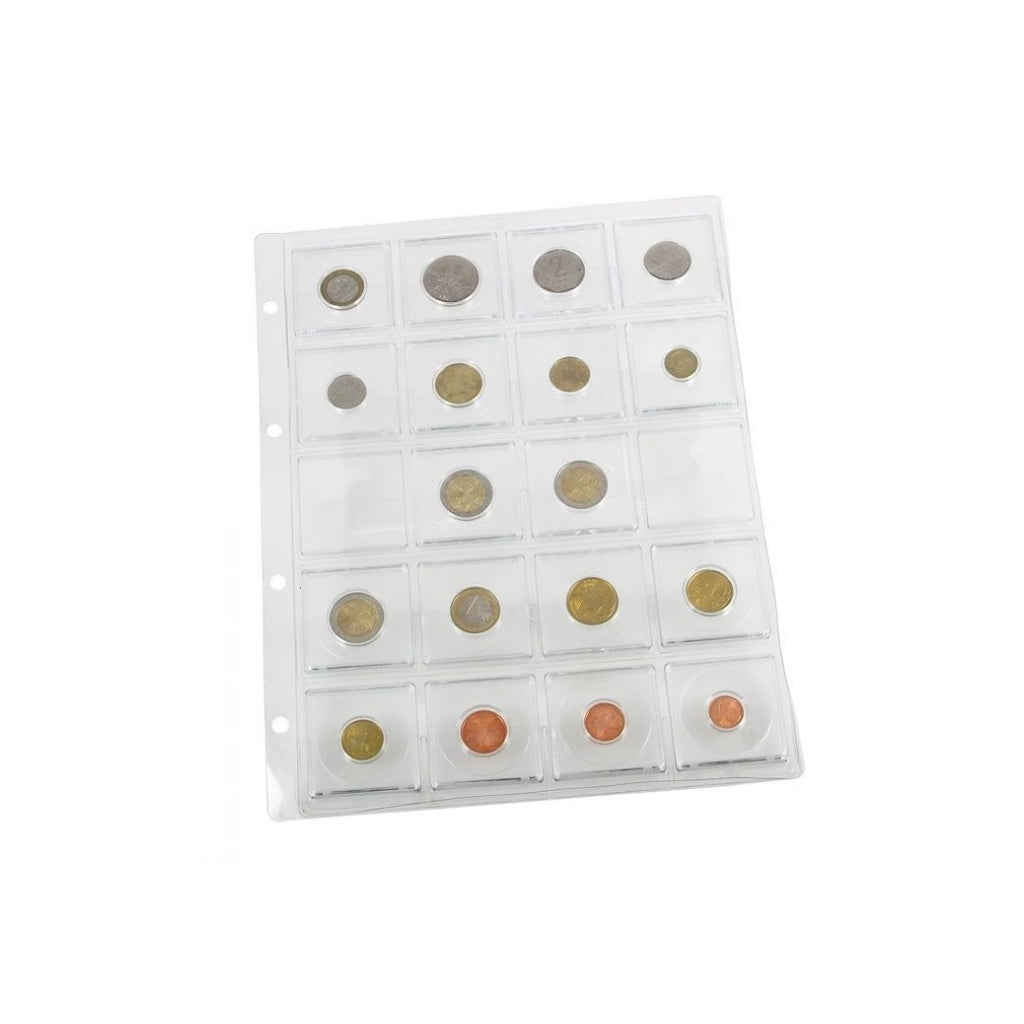 Transparent coin album page with 20 clear pockets holding a collection of 2x2 plastic coin holders on a white background