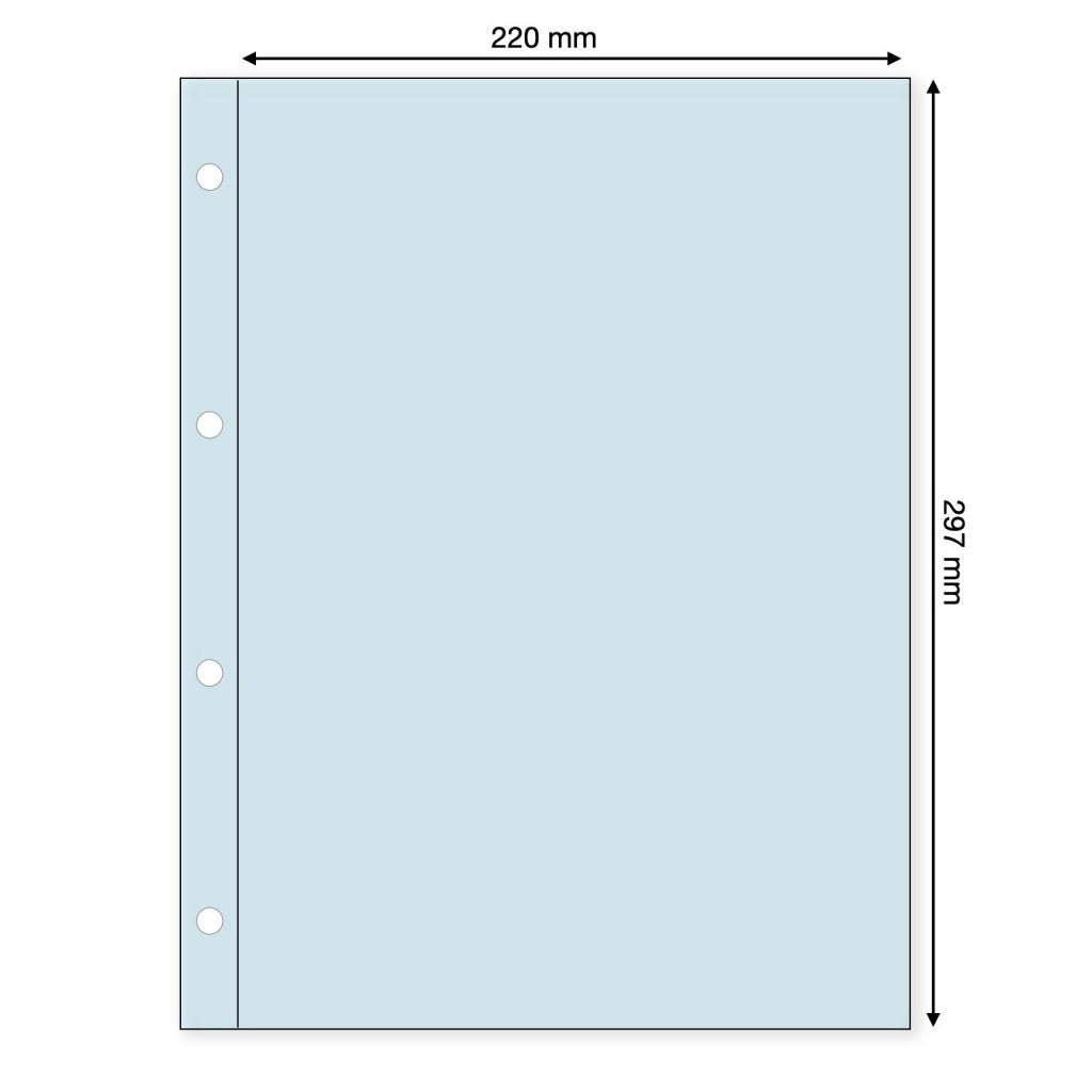 Light blue illustration representing a transparent album page with the pocket dimensions on a white background