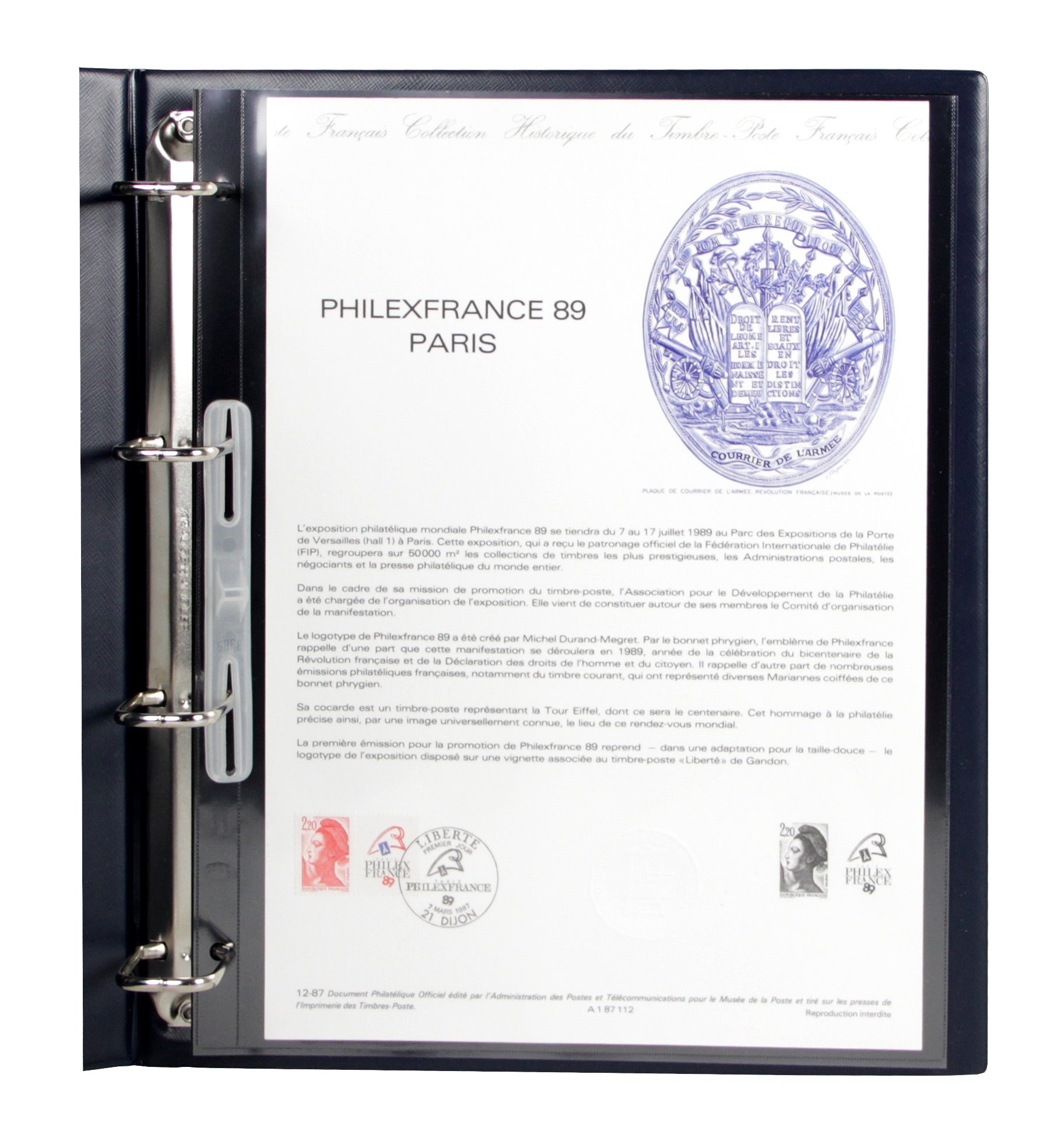 Collection album displaying a page with ephemera Philexfrance 89 Paris branding and stamp designs on a white background