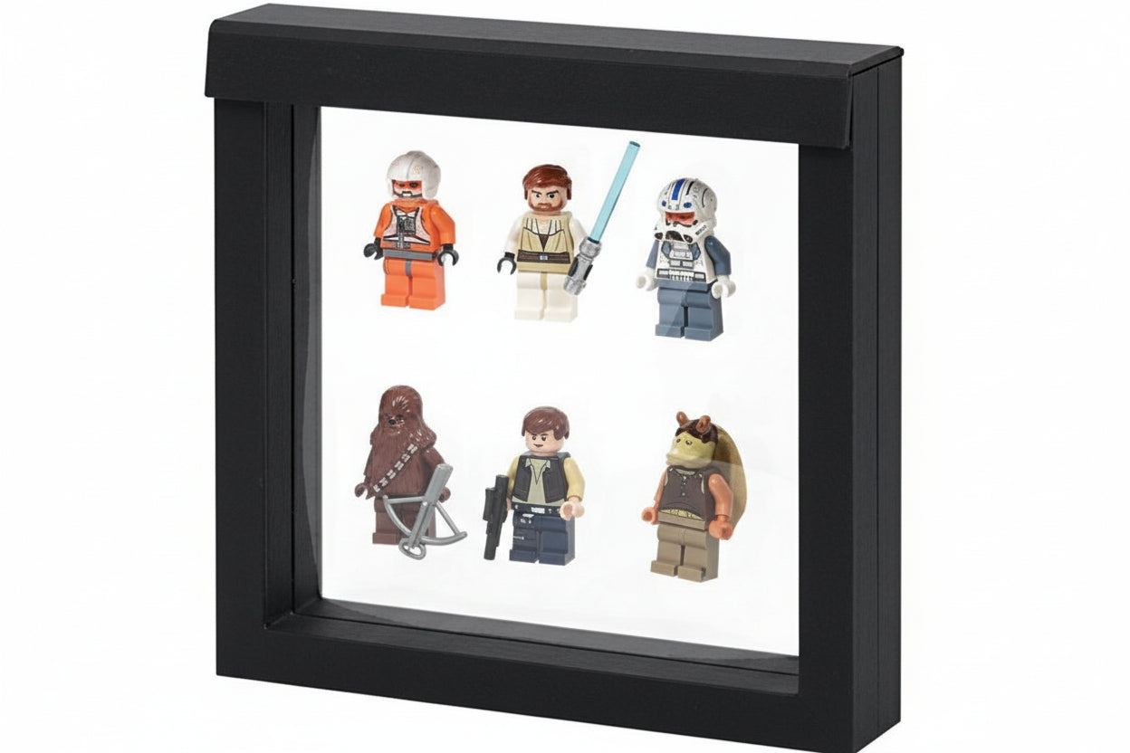 Black square frame/shadowbox with transparent window made of film that is molded to 6 LEGO Minifigs on a white background