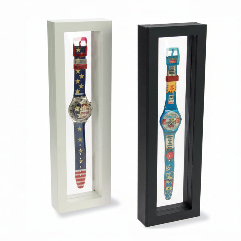 Two frame/shadowboxes in black & white with transparent windows made of film that is molded to collectible wrist watches on a white background