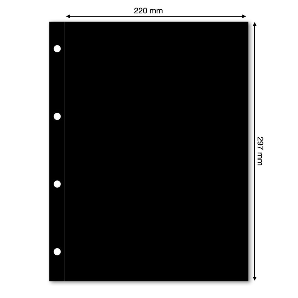 Black illustration representing an album page with the pocket dimensions on a white background