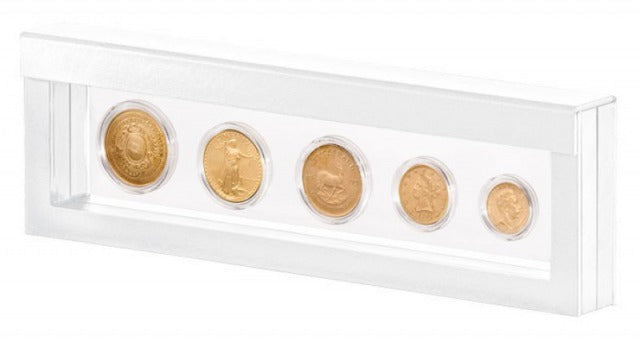 White rectangular frame/shadowbox with transparent window made of film that is molded to a collection of coins on a white background