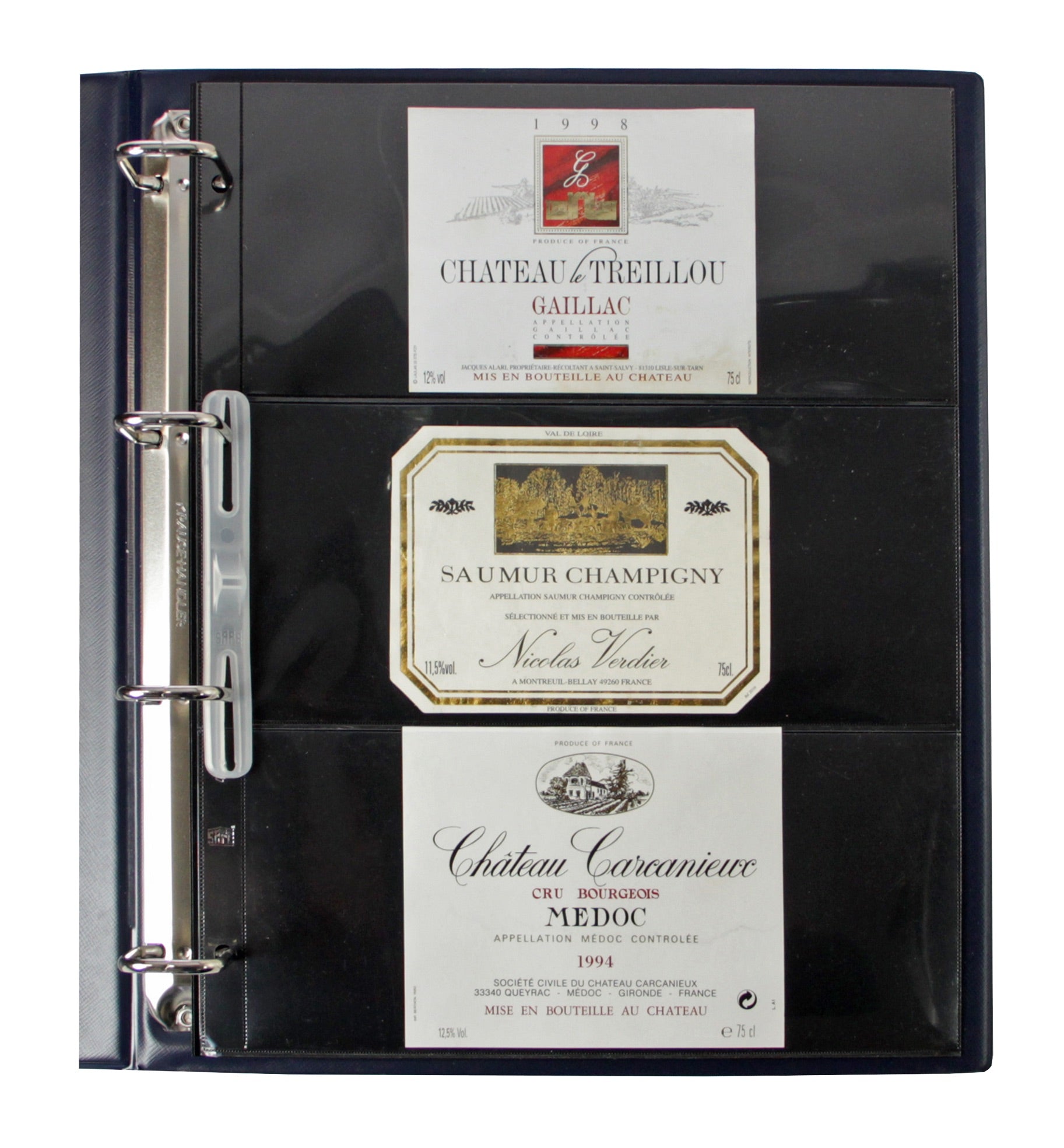 Open blue collection album displaying a page with wine labels on a white background