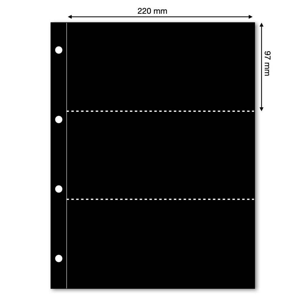 Black illustration representing an album page with the pocket dimensions on a white background