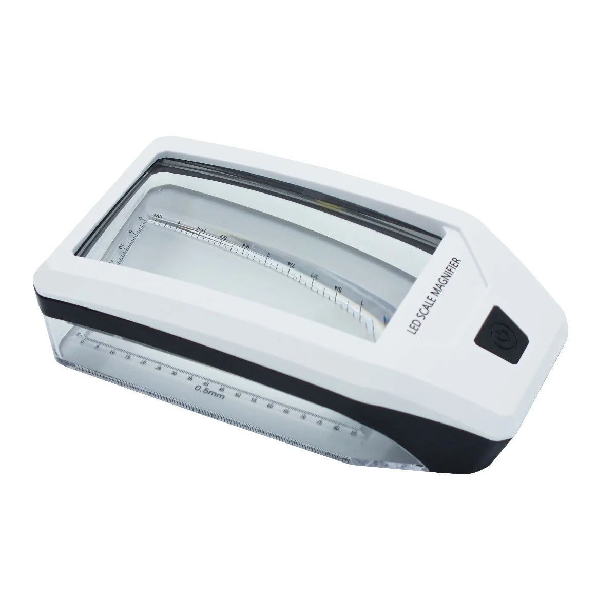 White and black rectangle magnifier with scale / ruler increments on a white background