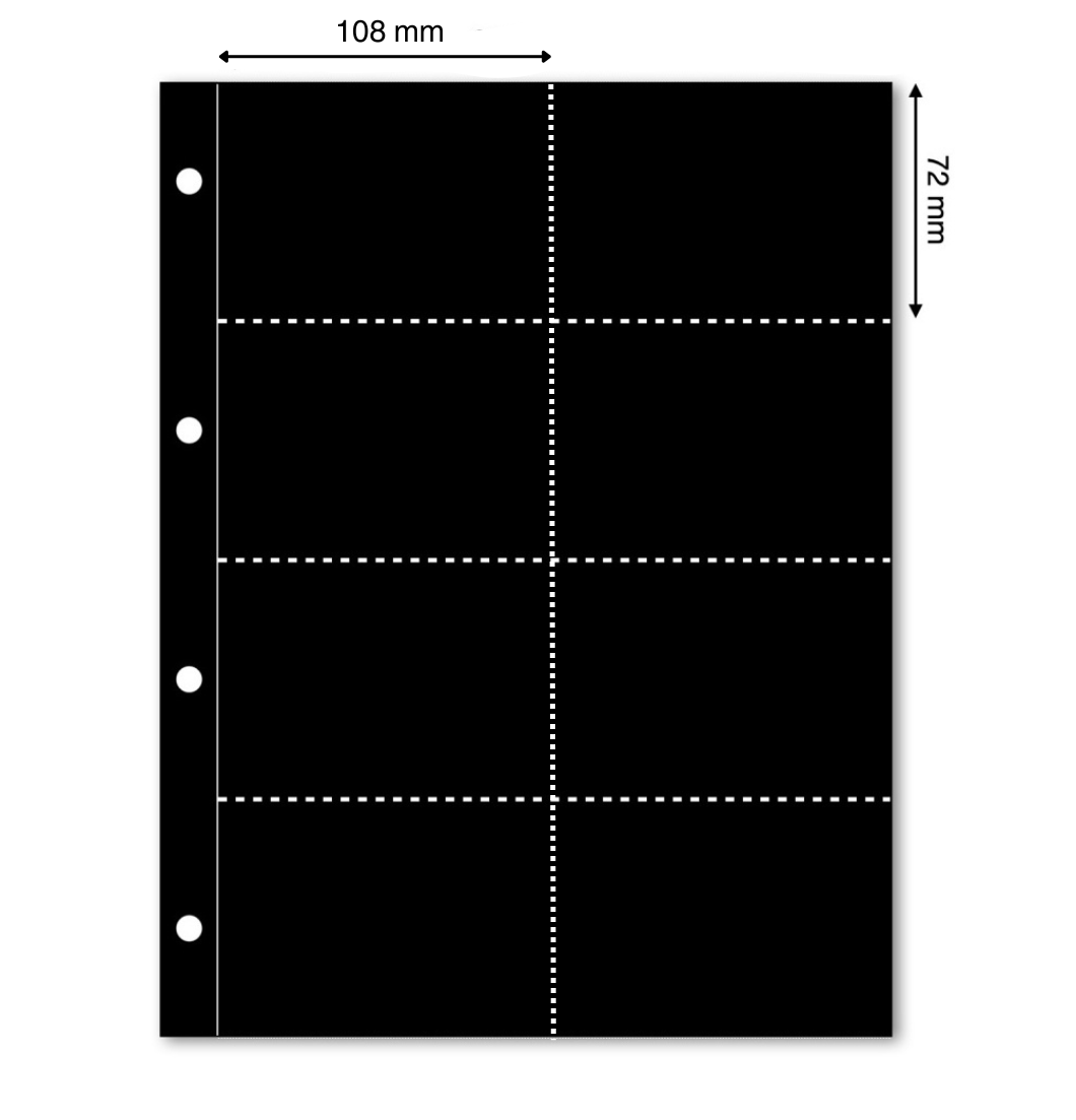 Black illustration representing an album page with the pocket dimensions on a white background