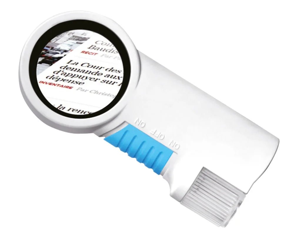 White magnifying glass with blue on and off switch on a white background