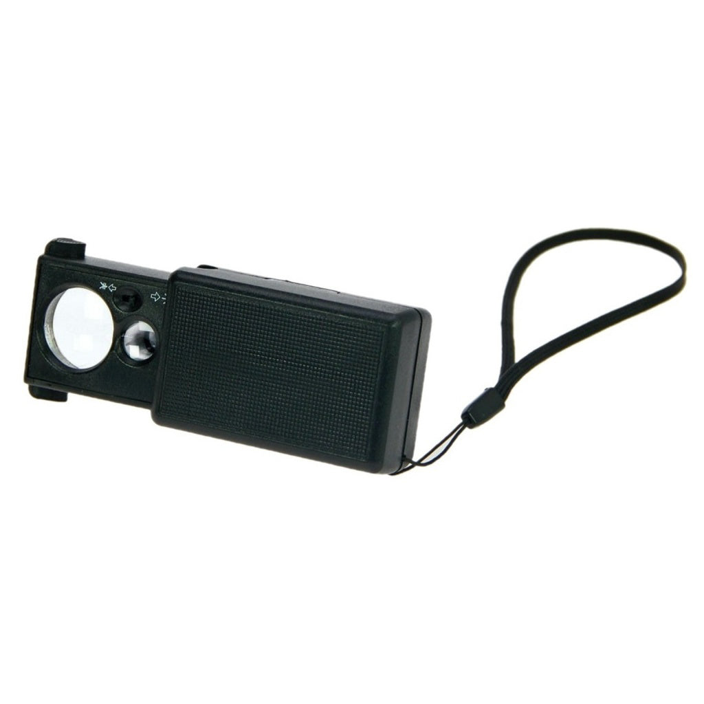 Black slide out magnifier with two lenses and a light on a white background