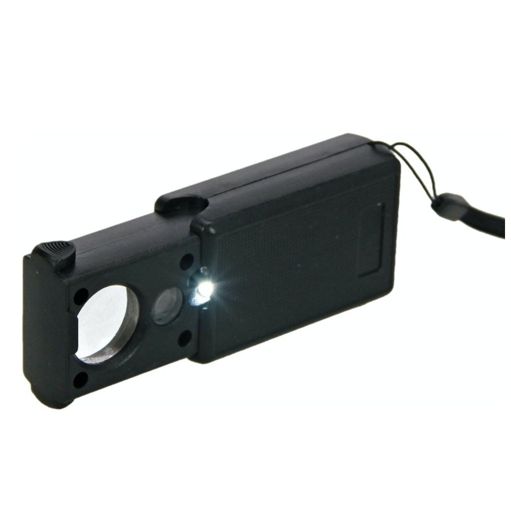 Black slide out magnifier with two lenses and a light on a white background