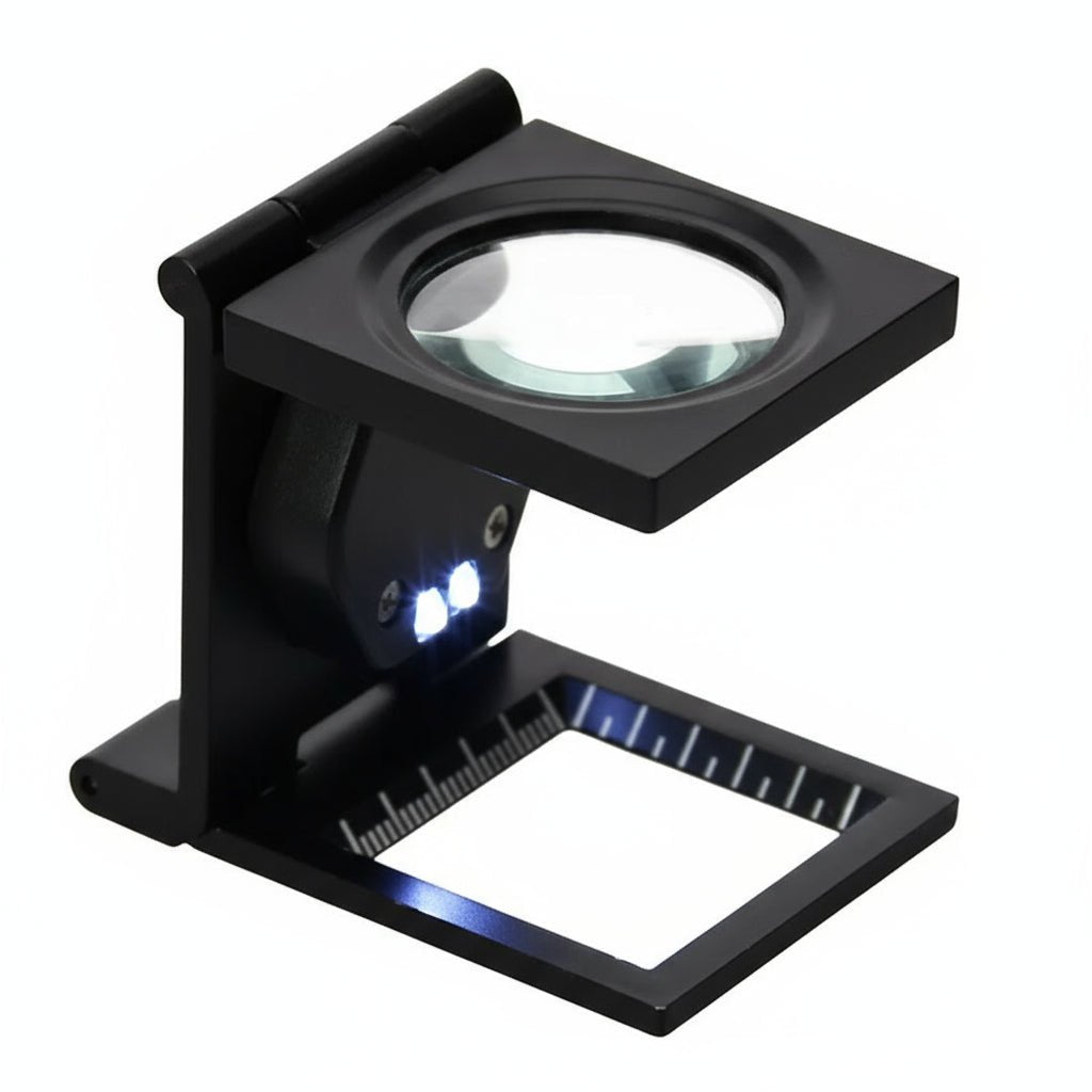 Hands-free foldable magnifier with measuring scale and LED lights on a white background