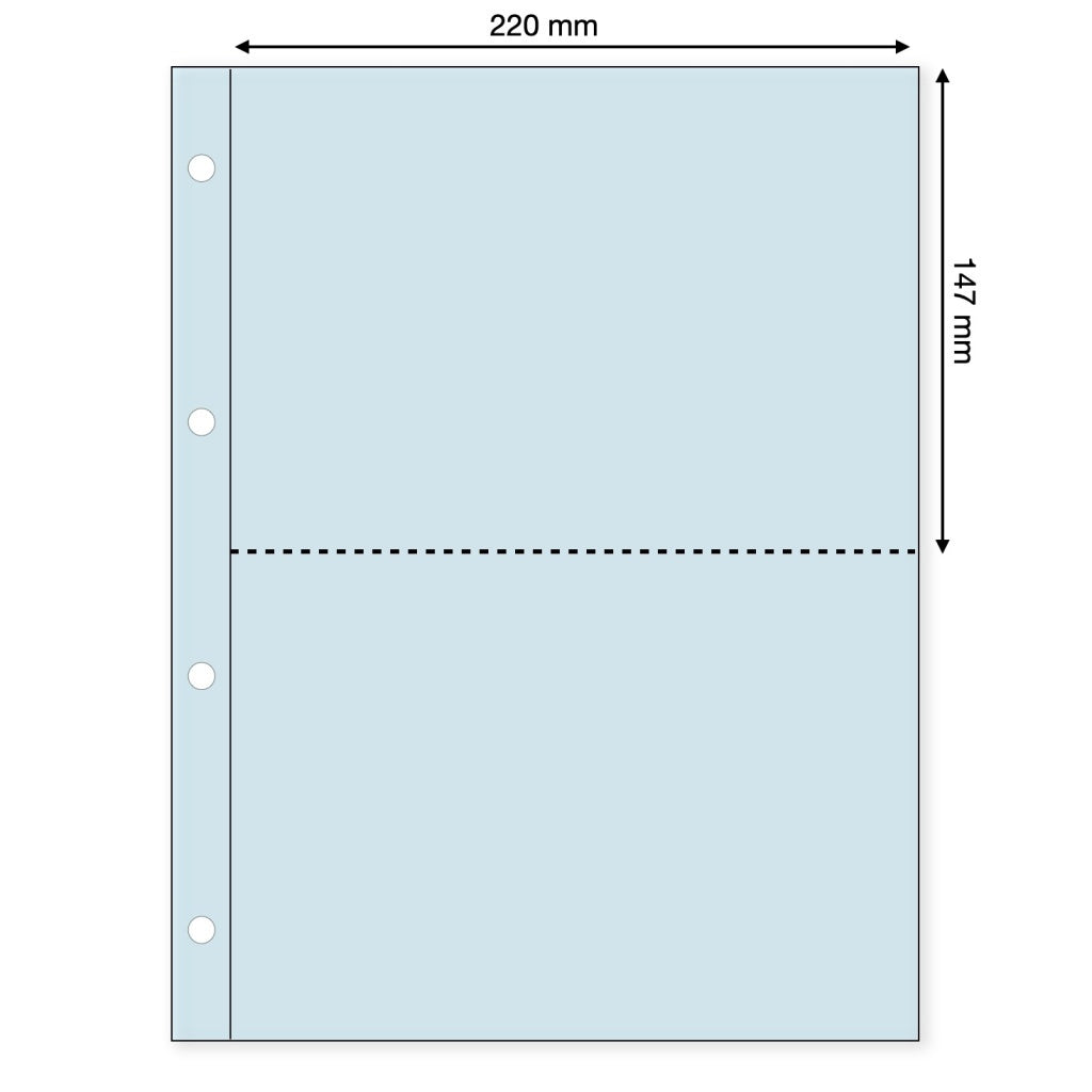 Light blue illustration representing a transparent page with the pocket dimensions on a white background