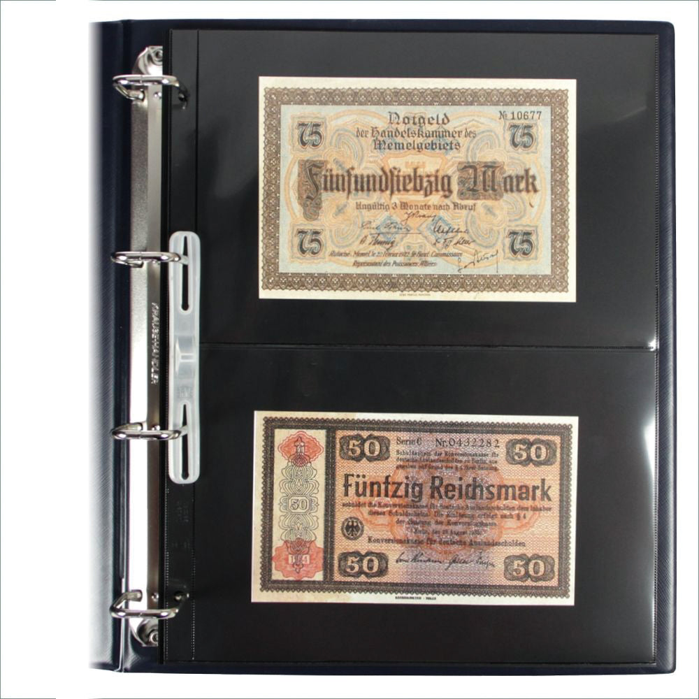 Open blue collection album displaying a page with 2 vintage german banknotes on a white background