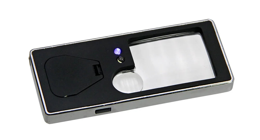 Black rectangle magnifying glass with two lenses, and UV / LED lights