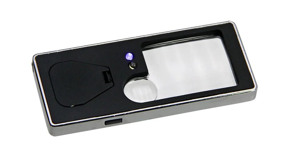 Black rectangle magnifying glass with two lenses, and UV / LED lights