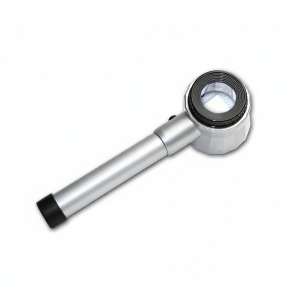 Silver magnifying glass with black accents and measurement scale/guide on a white background