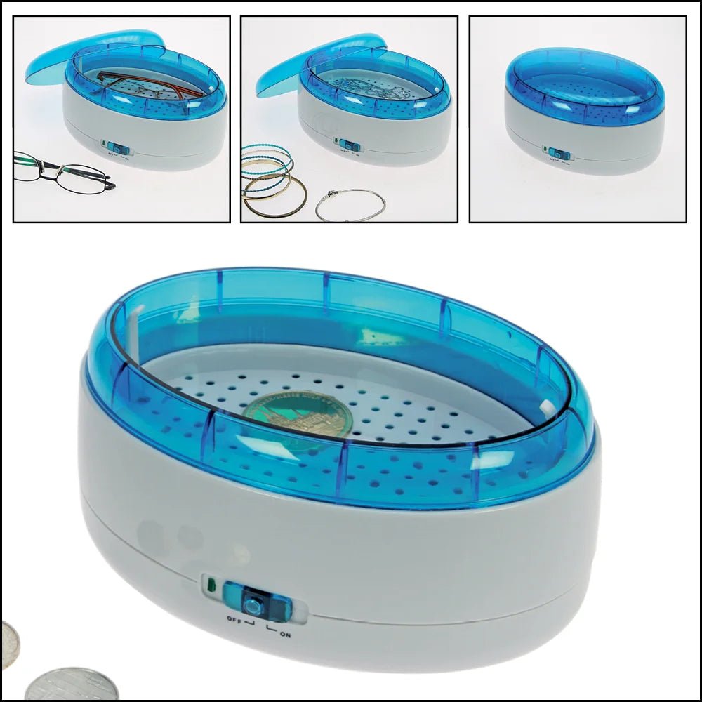 Blue and white ultrasonic cleaner with a single basket and on/off switch, shown cleaning glasses, jewelry and coins on a white background